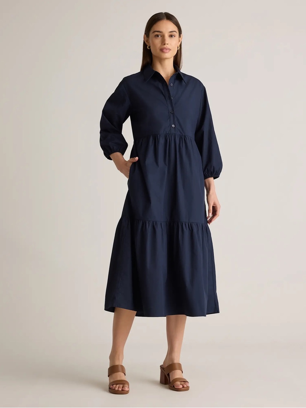 Quince 100% Organic Cotton Midi Tunic Dress Navy Minimalist Office Large